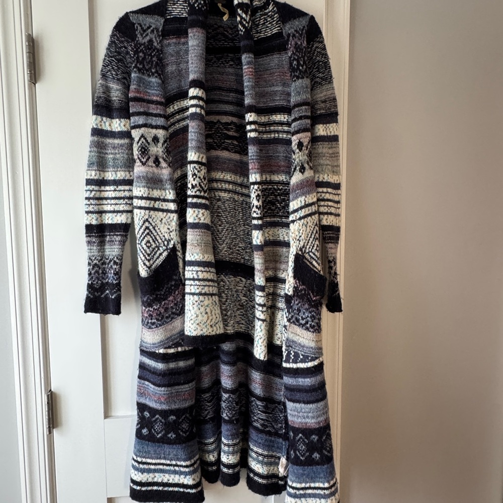 Free People Blue Patterned long Knit Cardigan
